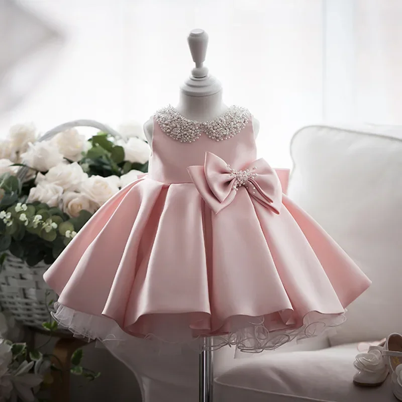 

Girls Sleeveless Pearl - Embellished Collar Satin Dress With Bow Accent And Layered Hem Perfect For Flower Girl Duties Birthday