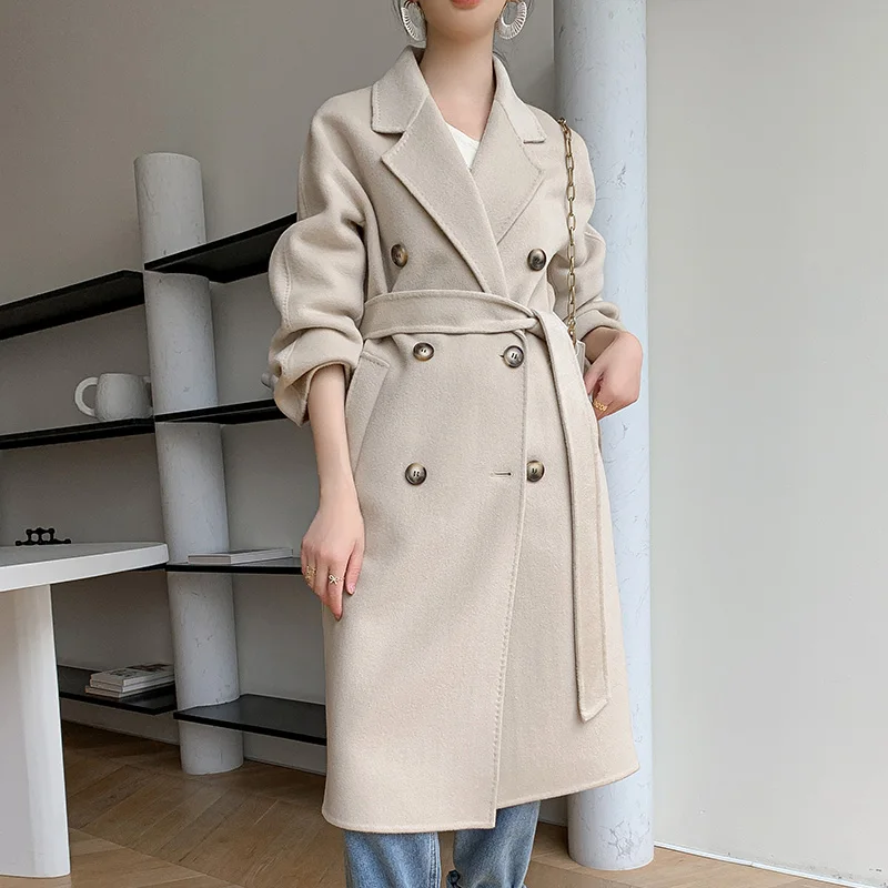 

23Autumn Winter New Double Sided Woolen Coat Women's V-Neck 100% Pure Wool Loose Medium Length Korean Belt Temperament Wool Coat