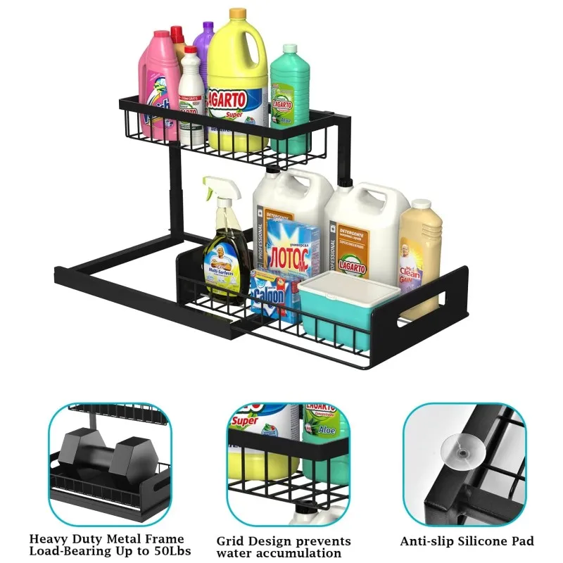 Imagem -02 - L-shaped Cozinha Rack Deslizante Gabinete Under Sink Prateleira do Banheiro Gavetas Organizadores e Armazenamento 2-tier