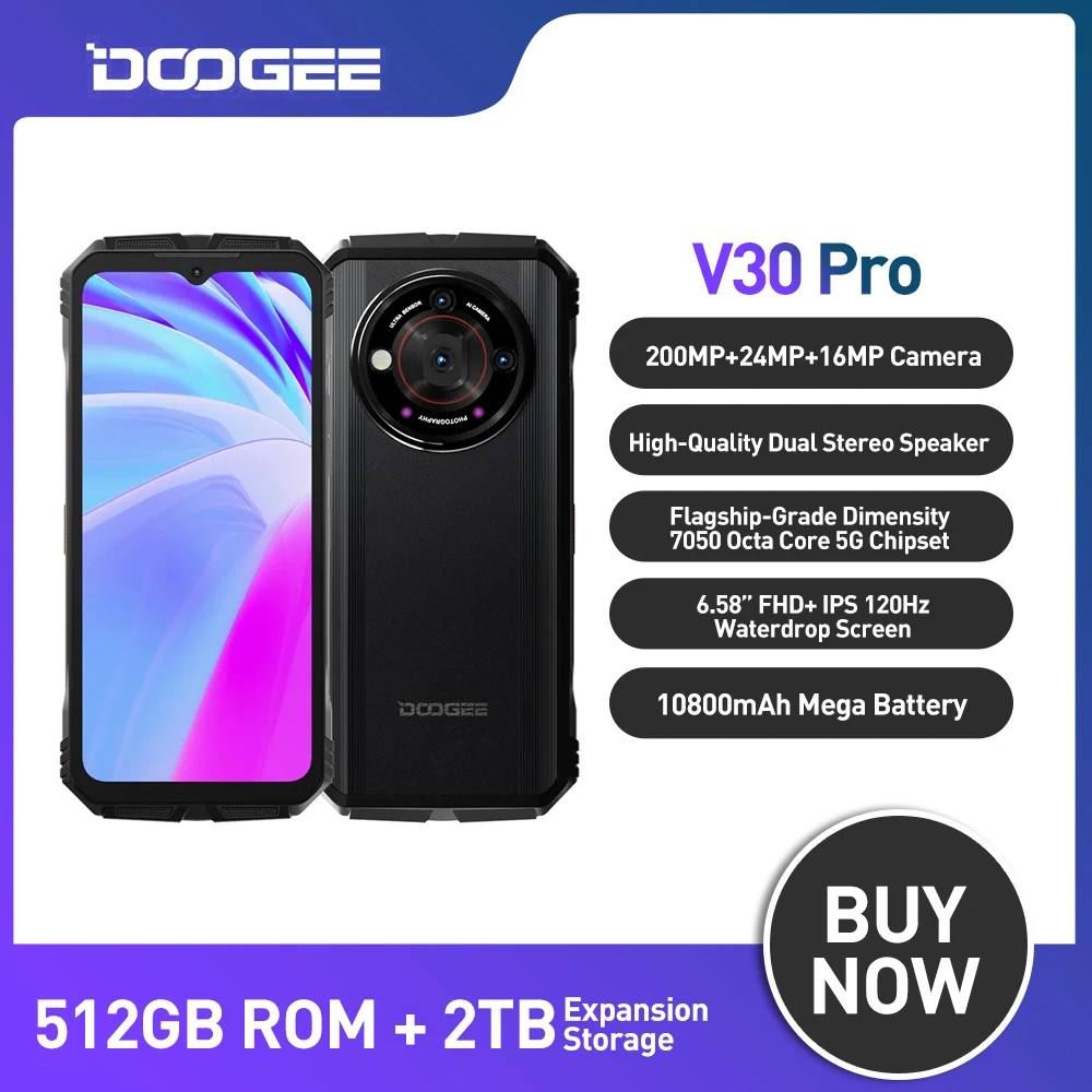 V30 Doogee Pro 5G 6.58 "FHD 32 RAM + 512 ROM กล้อง200MP dimensity 7050 120Hz จอแสดงผล10800mAh WiFi6ลำโพงสเตอริโอ Hi-Res