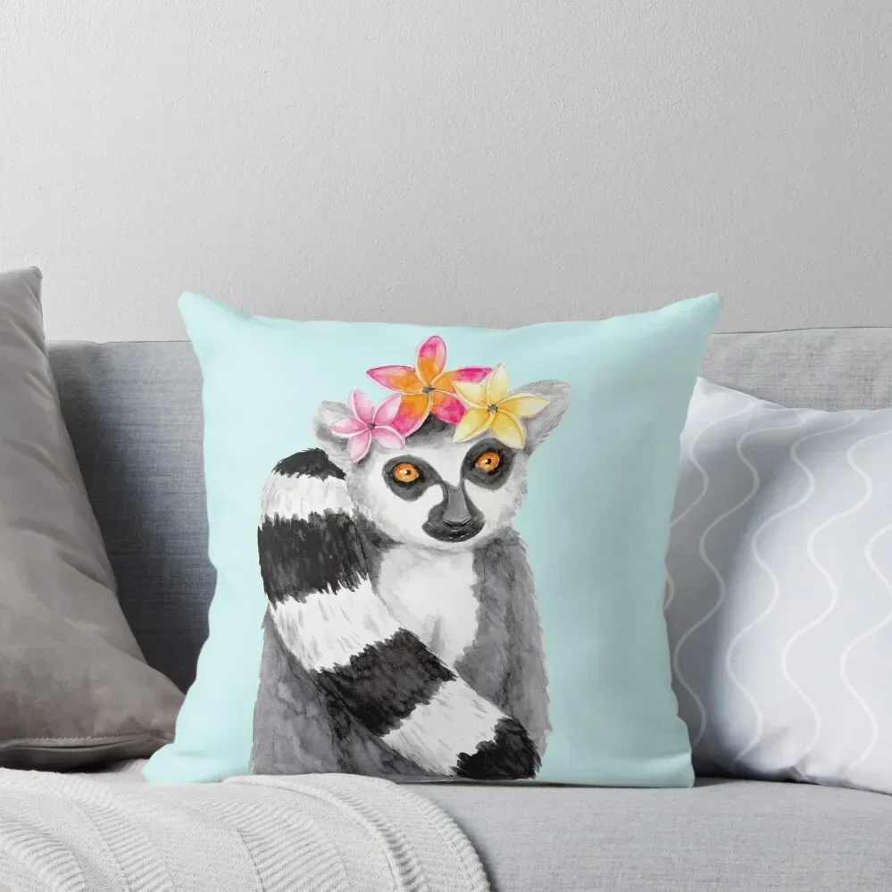 Ring-Tailed Lemur with Flowercrown - Watercolour Painting Throw Pillow Luxury Pillow Case Pillowcase pillow