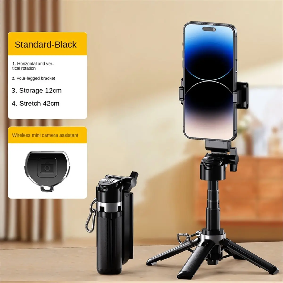 update. Mini Selfie Stick Tripod Stand for Phone ,6-Section Adjustable Height Extension,10 Meter Remote One Click Control