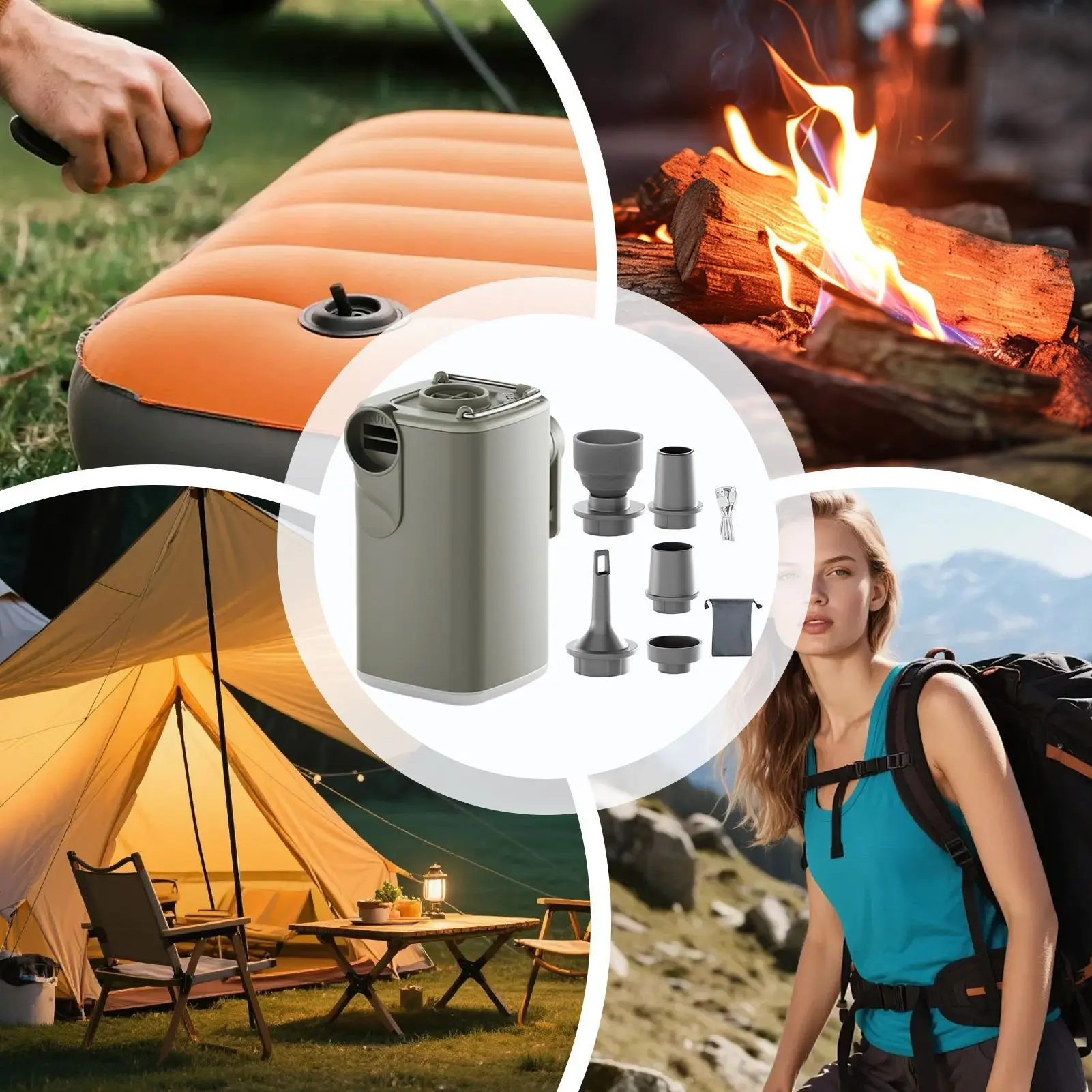 Travel Air Pump Portable Electric Inflator With Camping Light And 5 Nozzles Small Air Mattress Pump For Inflatables Floats