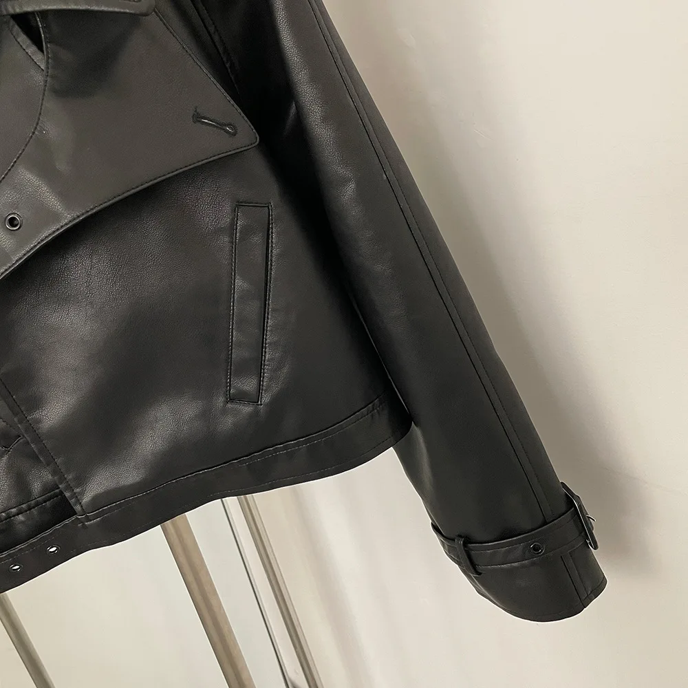 Otoño nueva chaqueta de piel sintética para mujer cuello vuelto con cinturón abrigo moda americana Vintage Moto Biker chaquetas de PU