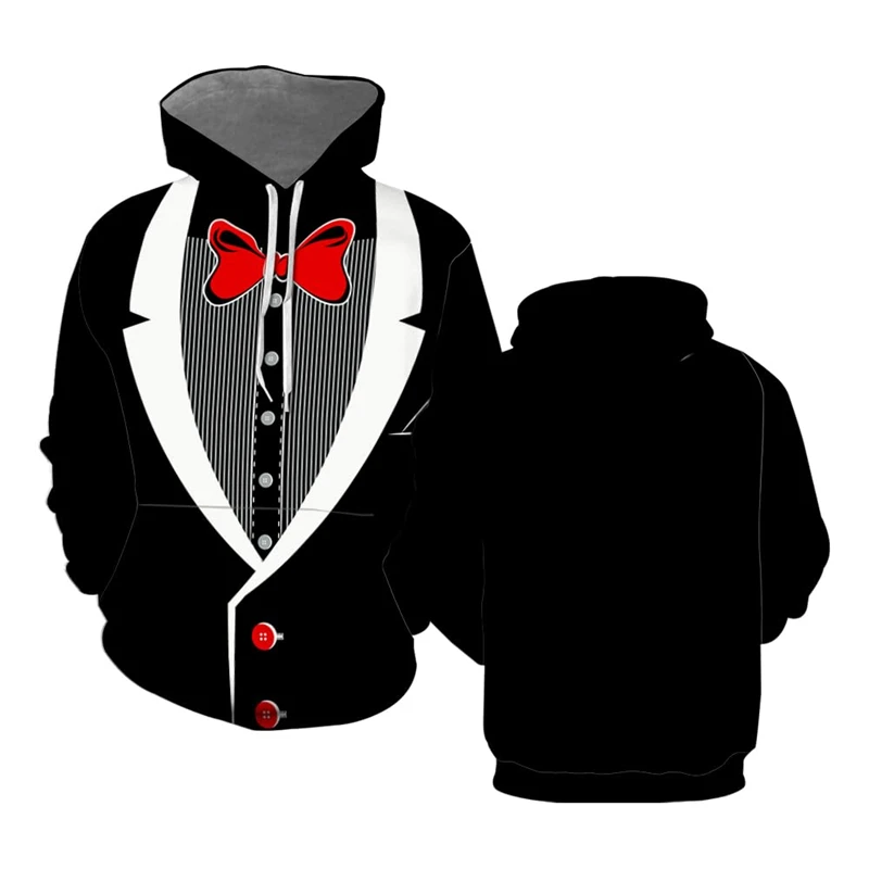 Newest Funny Fake Suit 3D Designer Hoodies Tuxedo Bow Tie Print Loose Hoodie Sweatshirt Cosplay Casual Pullovers New In Jackets