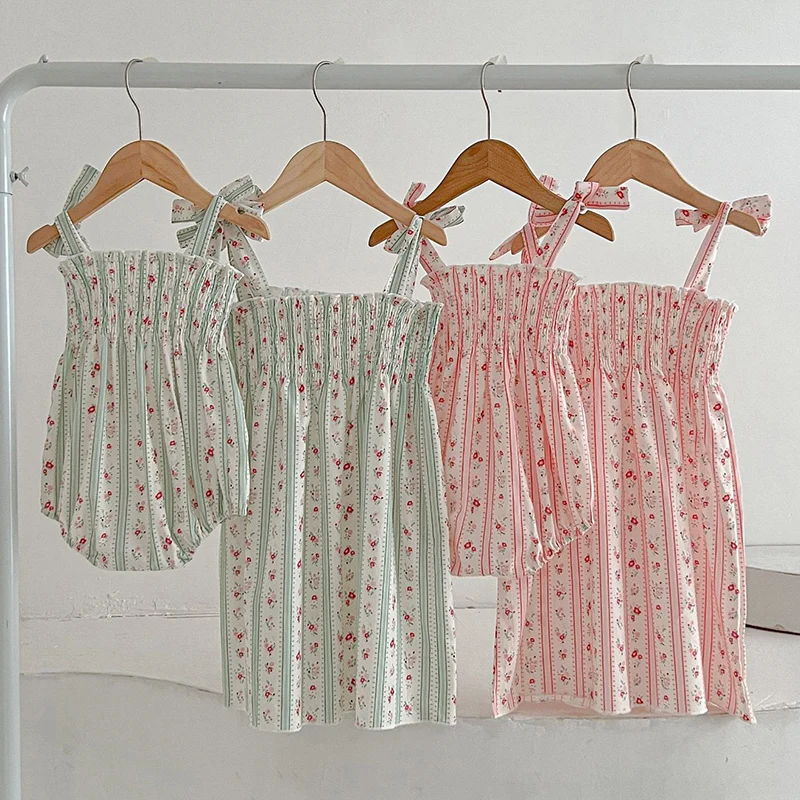 2024 New Summer Girls Princess Dress Sleeveless Cotton Printing Toddler Baby Bodysuit Kids Party Dresses Sisters Clothes