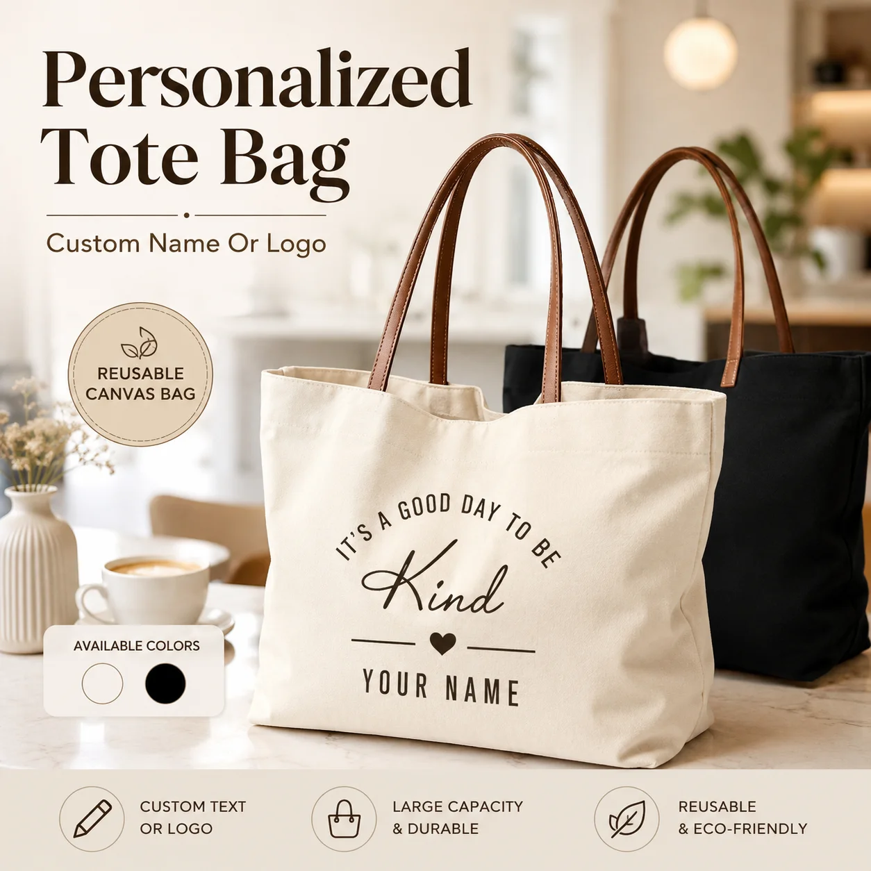 

Custom Canvas Tote Bag Personalized Name And Logo Design Reusable Shopping Bag For Daily Outdoor Use And Grocery Shopping