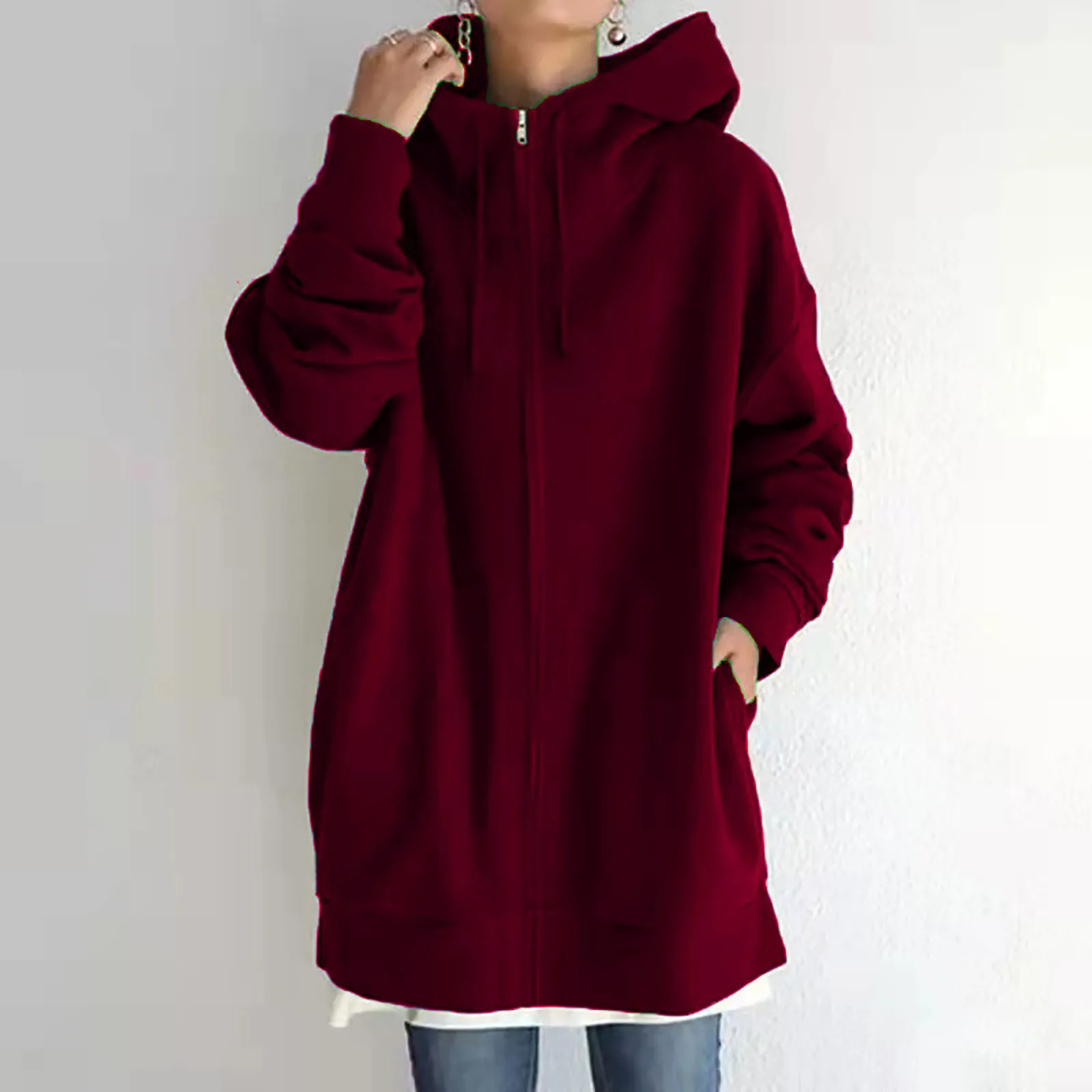 Women\'s Autumn Hooded Fleece Zipper Sweatshirt Winter Solid Color Long Sleeve Baggy Mid-Length Coat With Pockets Elegant Outwear