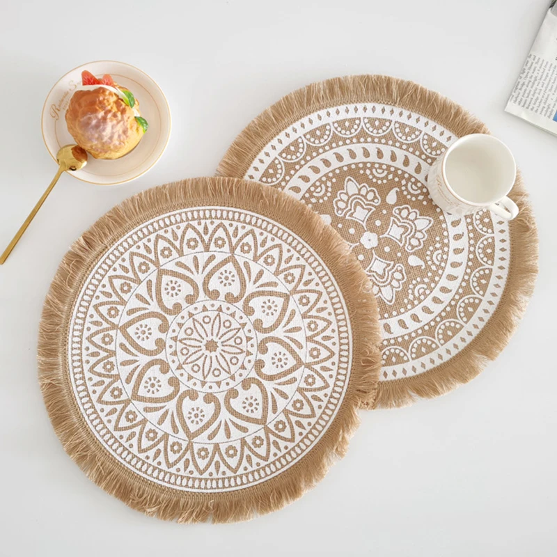 Bohemian Round Placemat 38cm Woven Jute Fringe Table Mats with Tassel for Dining Room INS Hot Table Decors