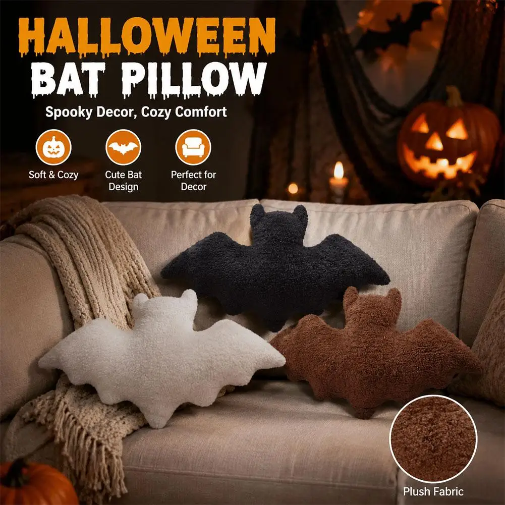Non-shedding Halloween Bat Throw Pillow PP Cotton Filling Fluffy Surface Bat Decorative Pillow Black Skin-friendly Bat Gift