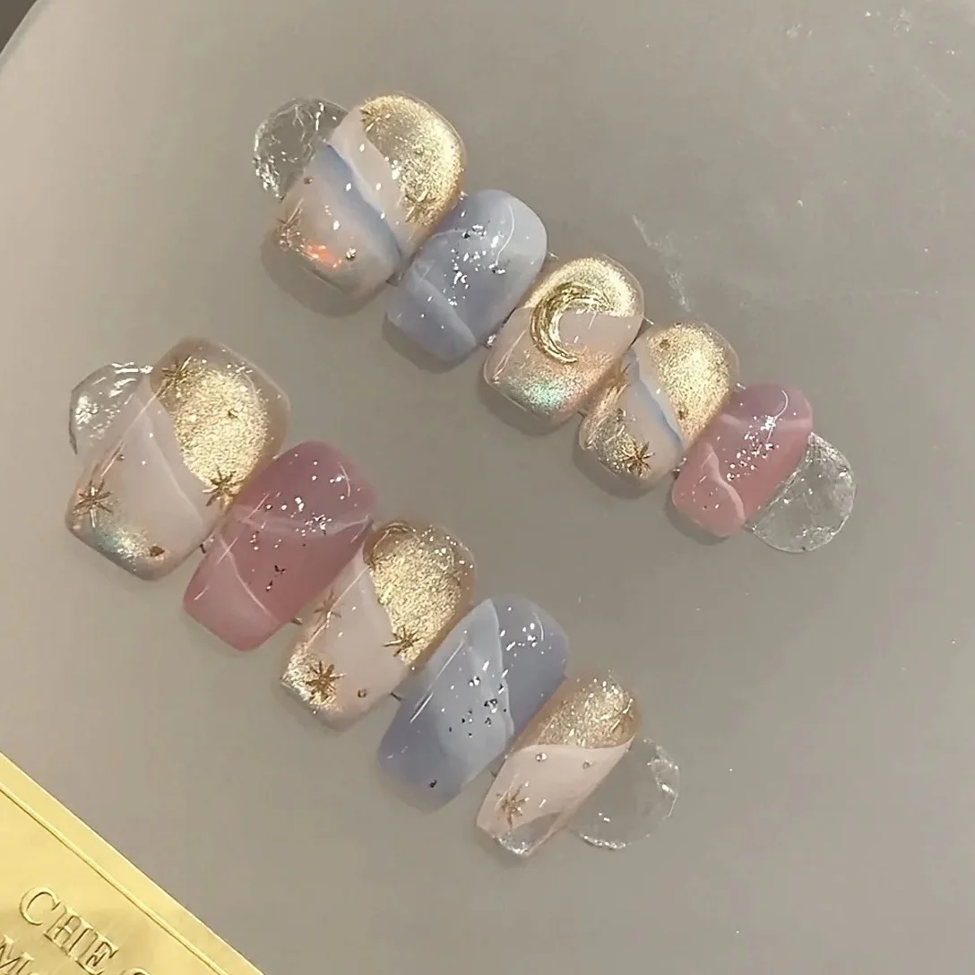 

24PCS Luxury Glass Bead Cat Eye False Nails Super Short Square Coffin with Glitter Gilt Sweet Heart Ombre Press on Nails Uñas네일팁