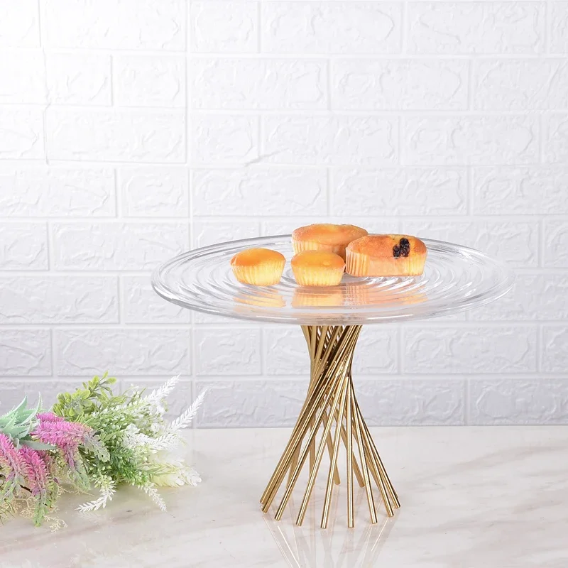 Modern Home Decor Accents Gold Metal Stand Glass Decorative Round Cake Tray