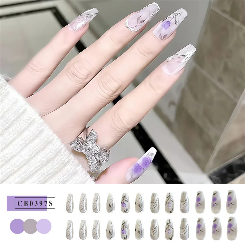 Faux ongles mats avec Rose colorée, violet réutilisable, Nail Art, couverture complète, artificiels, pression sur les longs ongles cercueil de Ballet