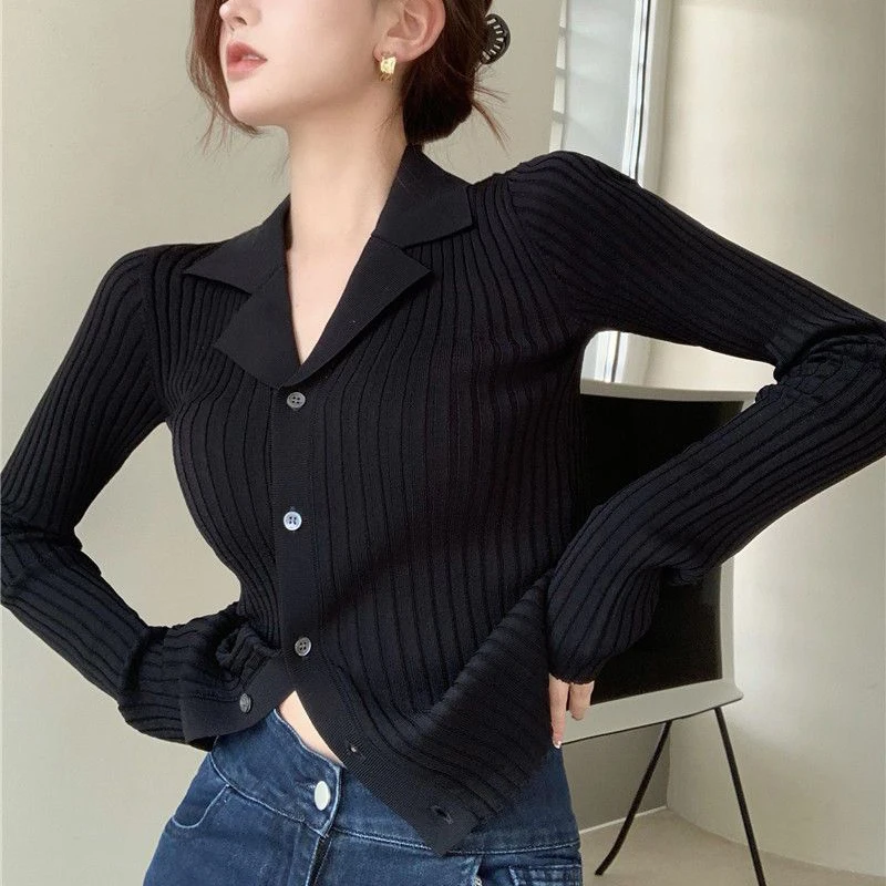 

2024 Black Knit V Neck Cardigan Women Korean Fashion Long Sleeve Sweater Cardigans Woman Single Breasted Slim Fit Jumper Mujer