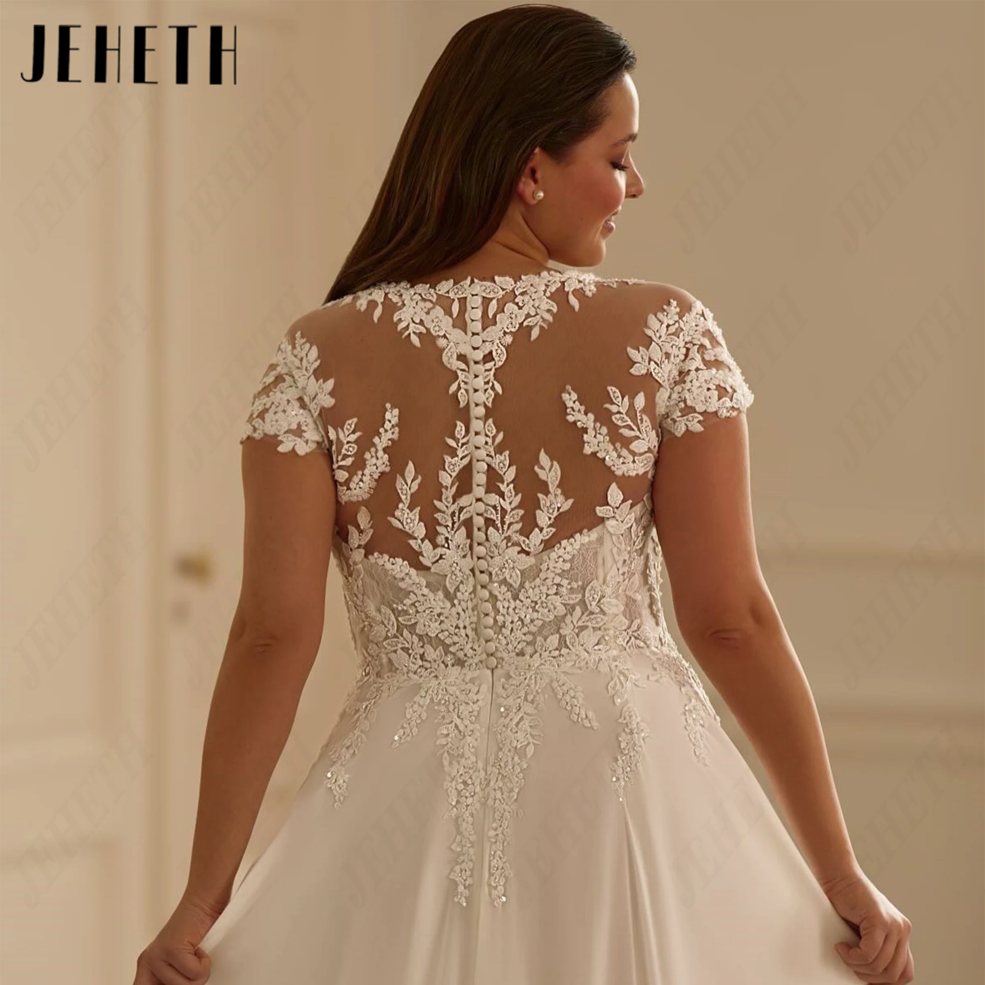JEHETH Customised Bridal Gown Elegant O-neck Lace Applique Wedding Dress A-line Court Train Illusion Dress Robe De Mariée
