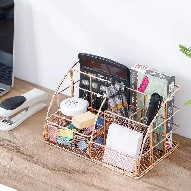 Elegant Desktop Organizer: Multi-Functional Iron Storage Rack for Documents, Pens, Makeup Brushes - Compact, Space-Saving Design