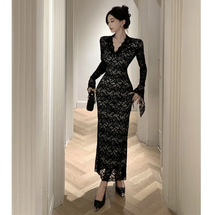 Sexy Southeast Asian Women's Lace V-neck High-waist Slit Dress Slimming Bodycon Long Sleeve Floral Print Formal Gown Dress