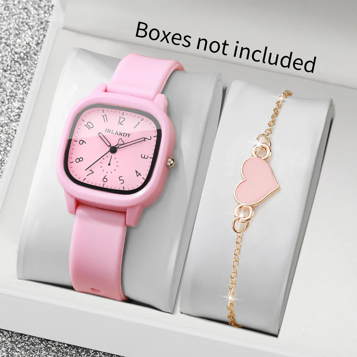 2PCS/Set Fashion Arabic Women Quartz Watch Square Silicone Strap Wristwatches Heart Bracelet Set Relogio Feminino (Without Box)