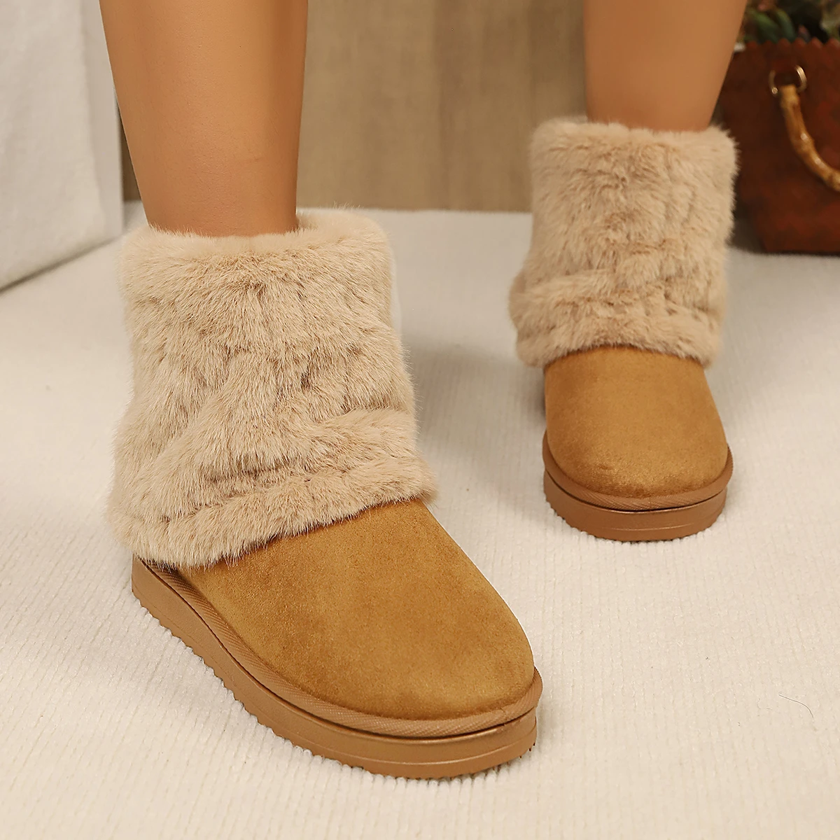 Shoes for Women Winter Slip on Women's Boots Black Round Toe Solid Flock Plush Warm Mid Heel Water Proof Casual Snow Boots Women