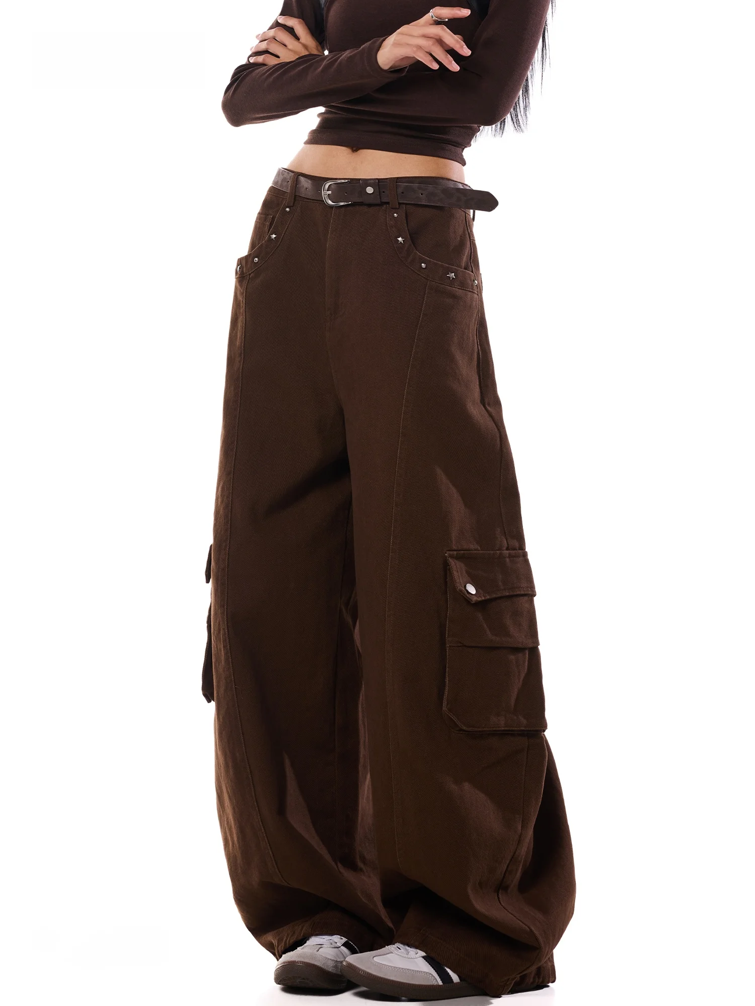 American Style Casual Cotton Work Pants Women's Loose Wide Leg Pants with Rivets Comfortable Slimming Autumn Fashion