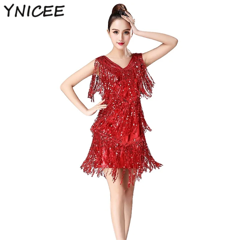 Women Shini One PieceDress Roaring Gassel Gatsby Latin Dance Dress Sexy Sequins Tango Body Stage Suit Outdo Suit