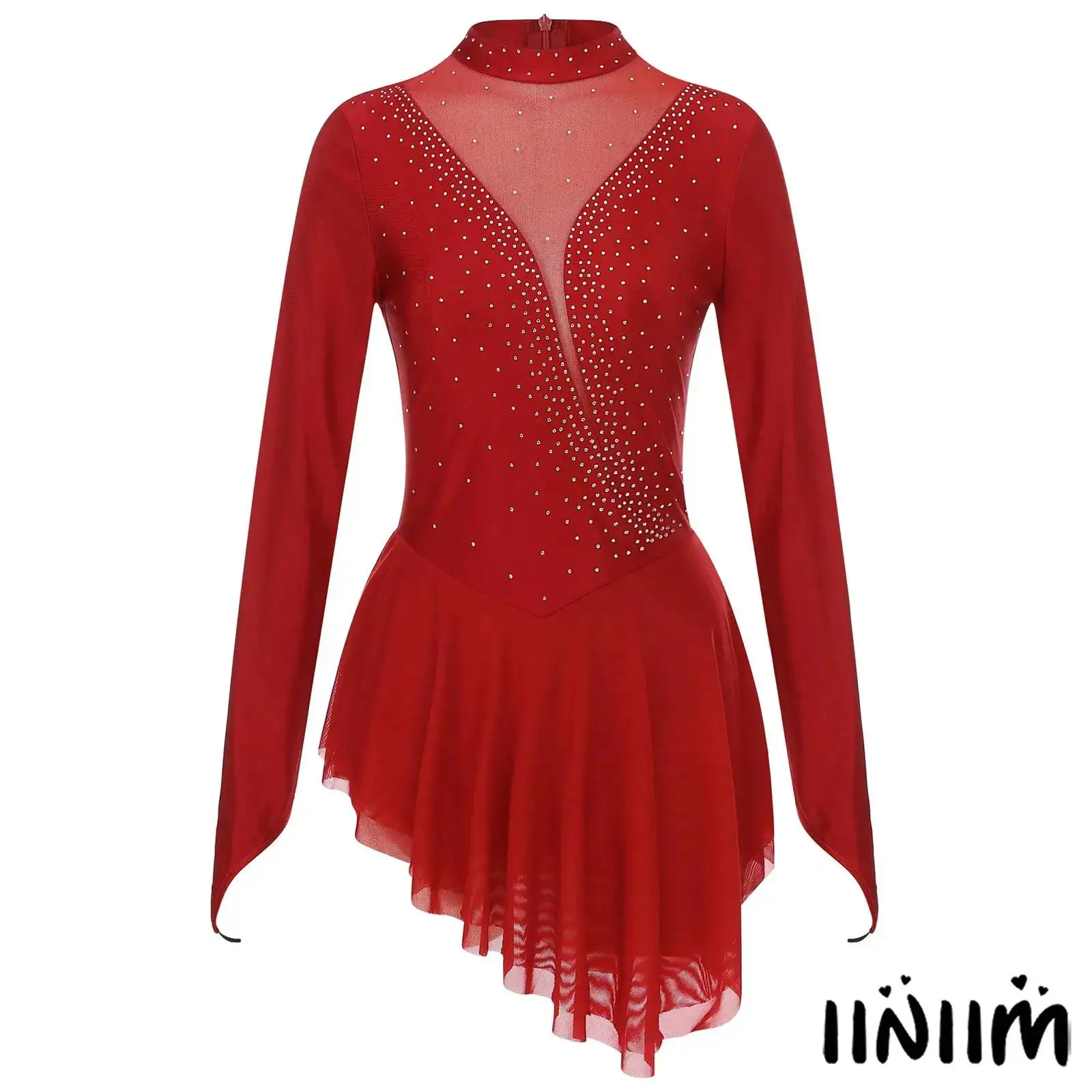 

Womens Ice Skating Dance Dress Glittery Rhinestone Sheer Mesh Patchwork Irregular Hem Long Sleeve Competition Costume Dresses