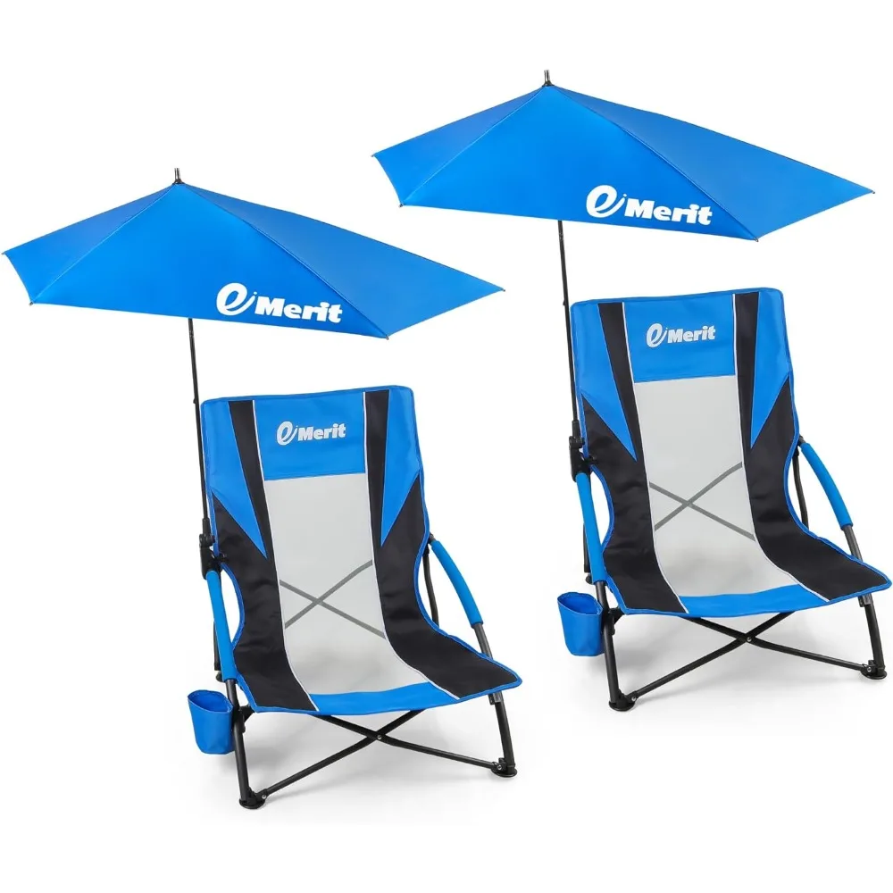 

Low Beach Chairs for Adults, Sling Beach Chair with Umberalla, Folding Backpack Camping Chair with Cup Holder