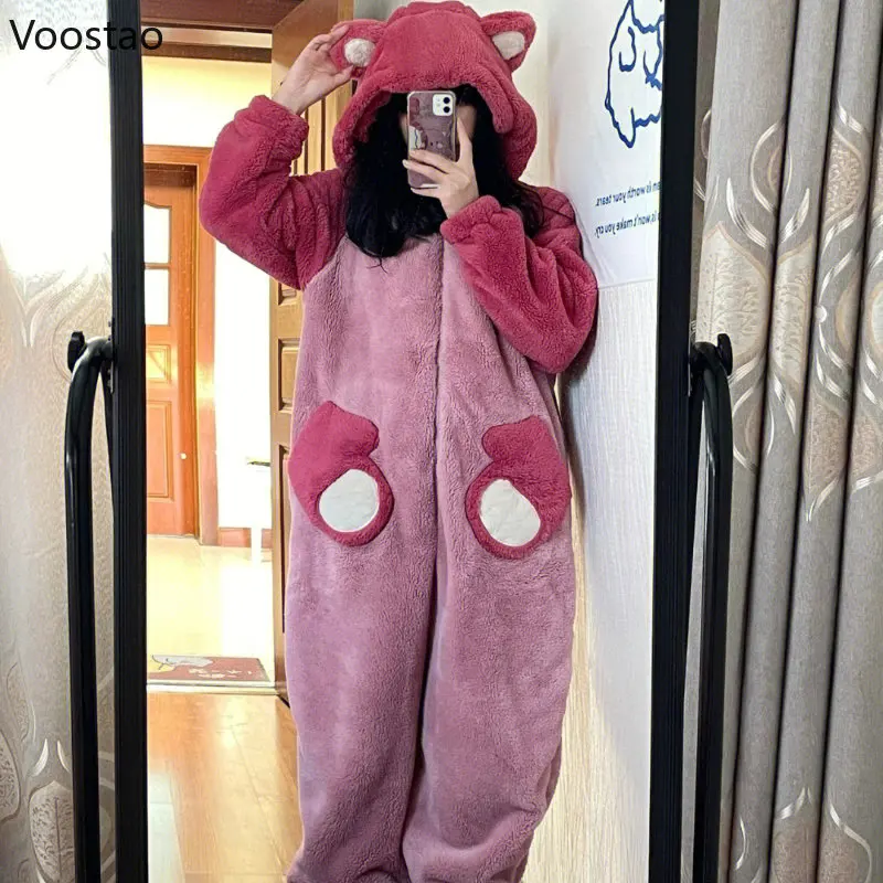 Autumn Winter Women Cute Onesies Pajamas Coral Fleece Warm Cartoon Bear Ears Hooded Pyjamas Girls Sweet Home Clothes Sleepwear