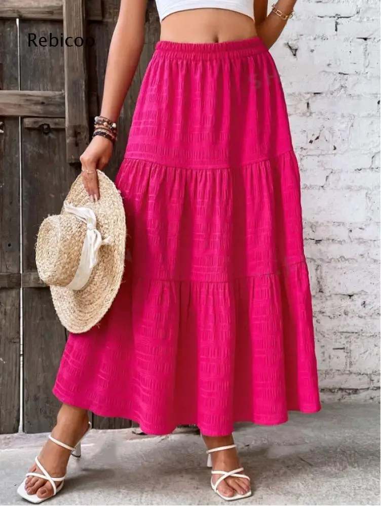 Multi Tier A Line Midi Skirt For Women Elastic Waist Textured Fabric For City Stroll Scenarios And Soft Casual Wear Scenarios