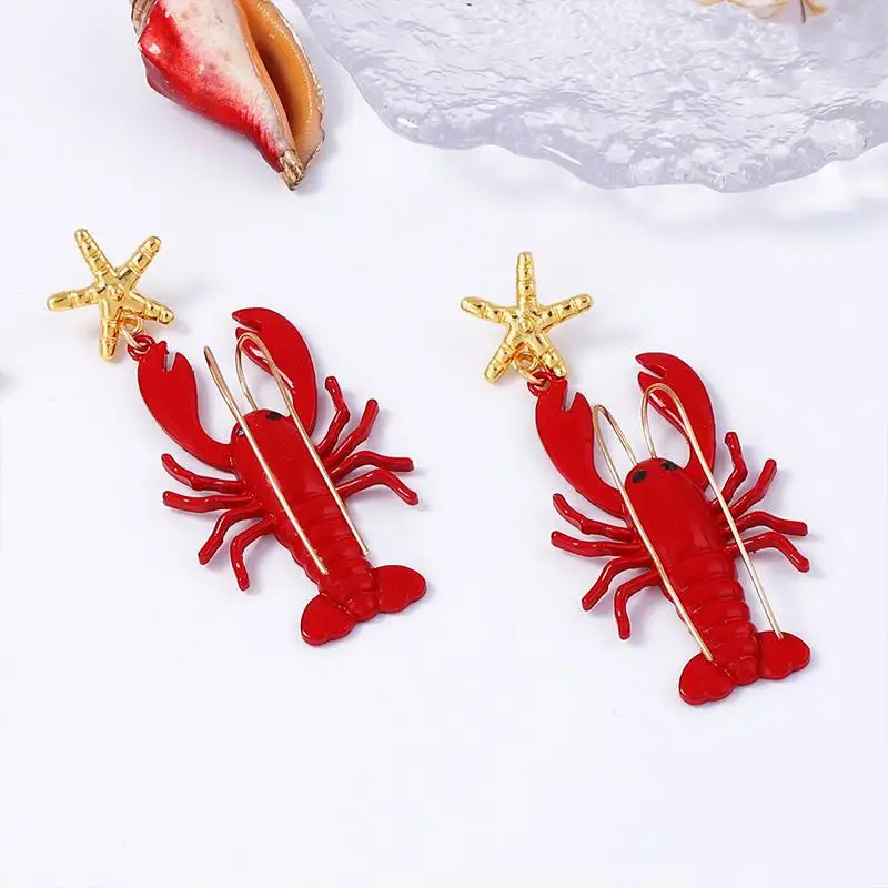 Pendientes de langosta pintados con bigotes largos, pendientes de tuerca de estrella de mar estilo océano de dibujos animados, joyería roja única de verano, regalos para mujeres