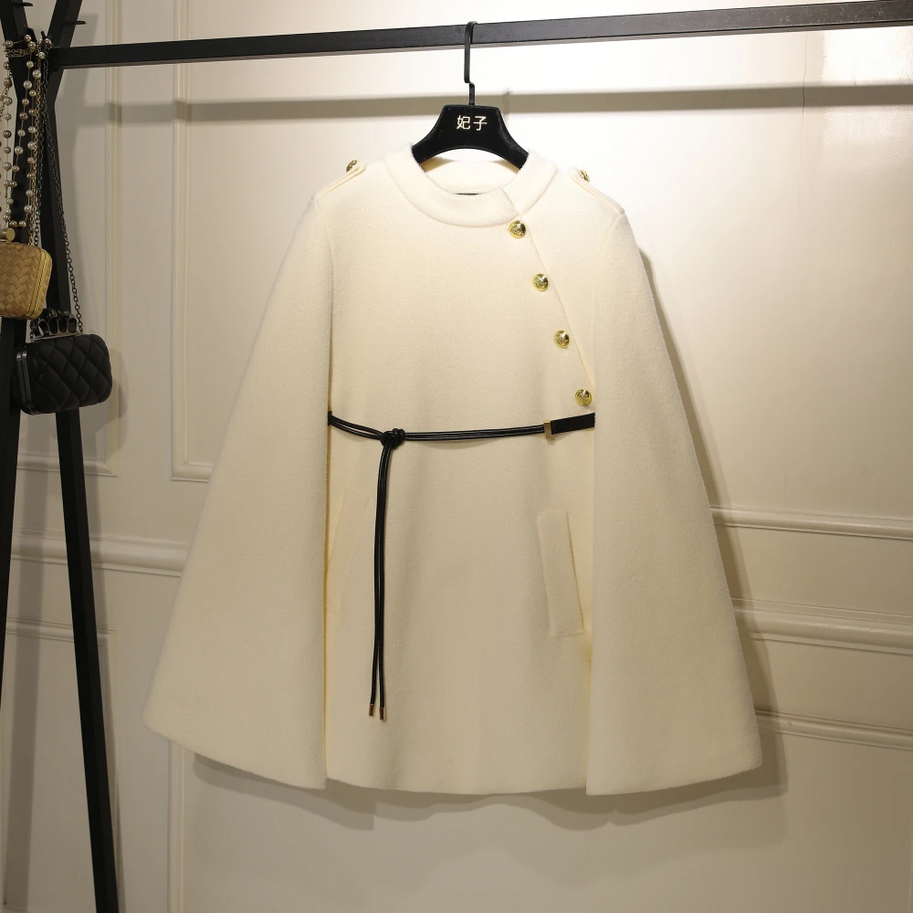 

Tweed Style Woolen Cloak Outwear Female Lady Elegant Imitation Mink Velvet Coat With Belt Barwing Sleeve Black White