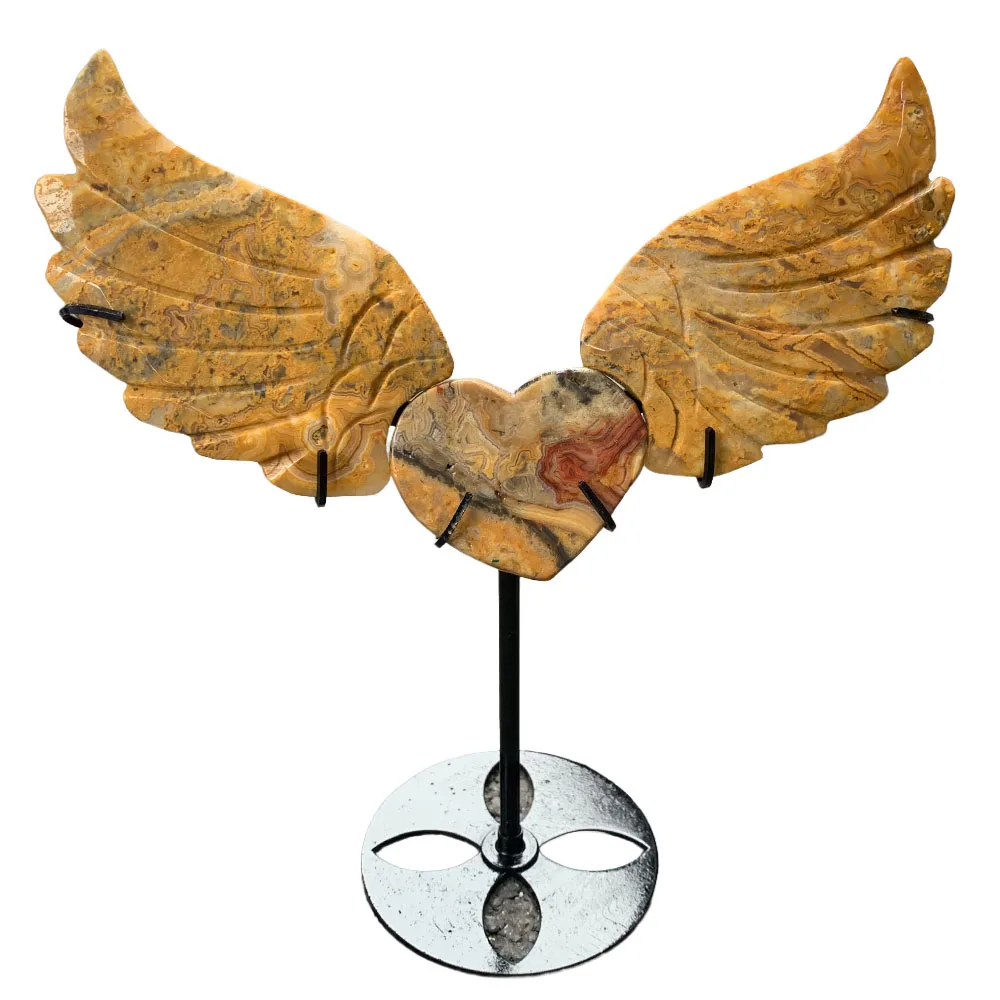 Custom Crazy Agate Angel Wings Figurine - Hand-Carved Crystal Statue with Stand for Home Decor, Reiki Healing Stone & Unique
