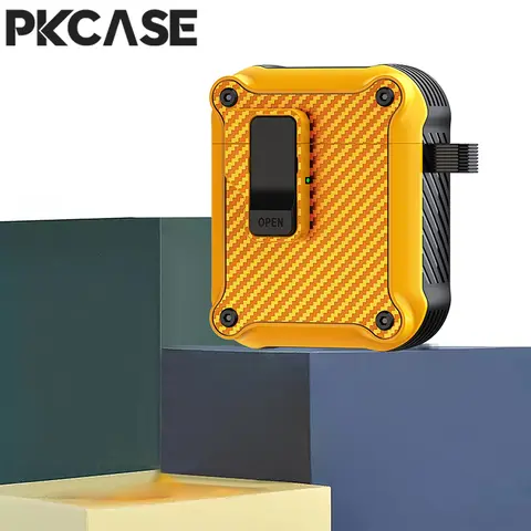 PKCASE 탄소 섬유 패턴 스위치 잠금 이어폰 케이스 Airpods 1 2 3 Airpods Pro 2 용 키 체인 충격 방지 헤드폰 커버