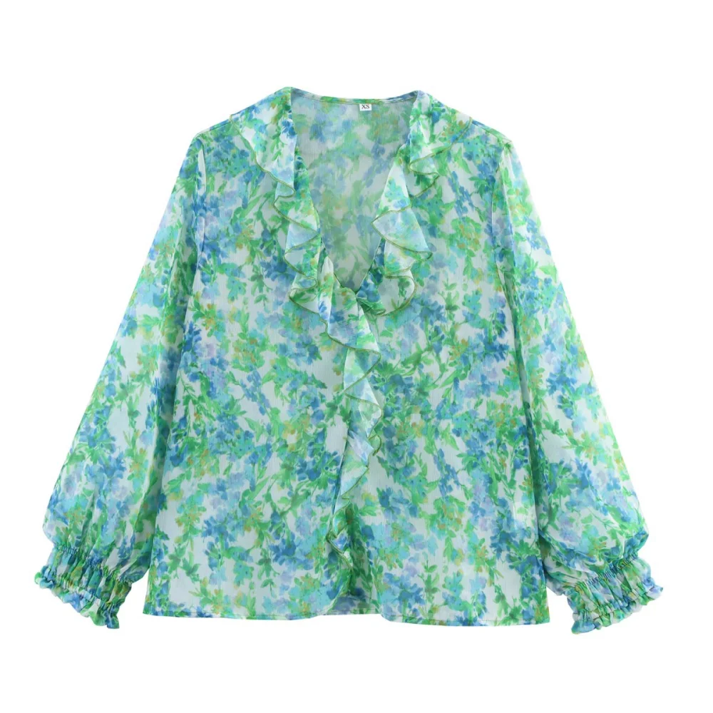 

UNIZERA women's loose fitting top with V-neck ruffle edge layered print for spring and summer new style temperament shirt