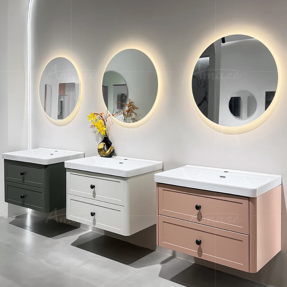 Bathroom CabinetLuxury Furniture 80/100/120 CM Wall Hung Bathroom Cabinet Set Ceramic Sink Plywood Bathroom Vanity With Round LE