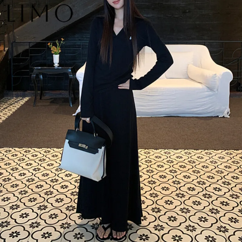 

LIMO устойчивый трикотажный комплект, женский винтажный наряд с вышивкой, длинная юбка с отложным воротником и v-образным вырезом, удобная повседневная юбка из двух предметов