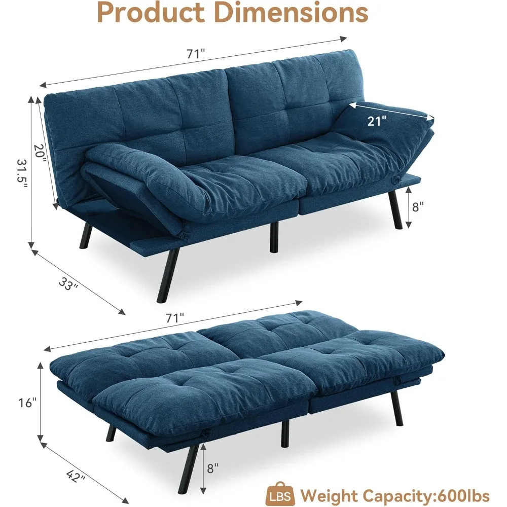 Трансформируемый диван-футон, 71-местный тканевый диван-футон с регулируемой спинкой и подлокотником, небольшой двухместный диван-кровать, футоны для общежития