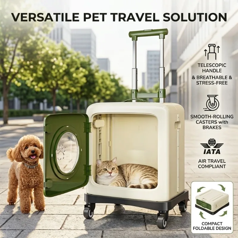 Collapsible Pet Carrier Rolling Trolley Cat Dog Travel Case Telescopic Handle Suitcase Portable Puppy Kitten Crate Outdoor Cart