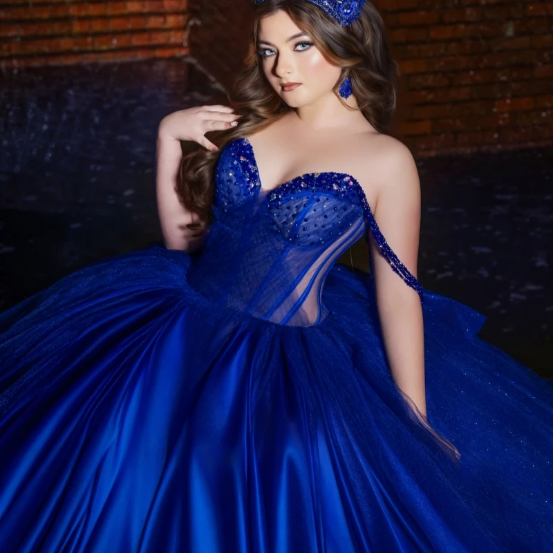 

Royal Blue Shiny Ball Gown Quinceanera Dresses Beading Crystal Bow Tull Corset Off Shoulder Sweet 16 Dress Vestidos 15 De Anos