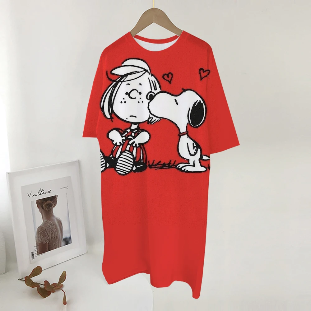 Dames zomer casual Snoopy print losse maat ronde hals korte mouwen T-shirt jurk nieuwe mode bedrukt rond