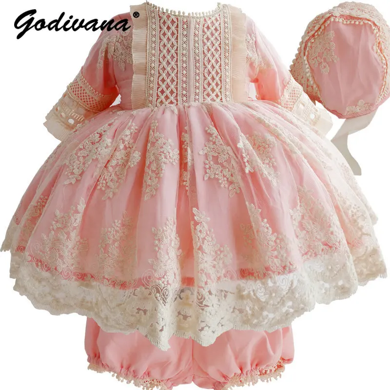 Spring New Girls Spanish Princess Lolita Dress Luxury Heavy Lace Embroidery Mesh Bow Dresses 3pcs Set Birthday Party Ball Gown