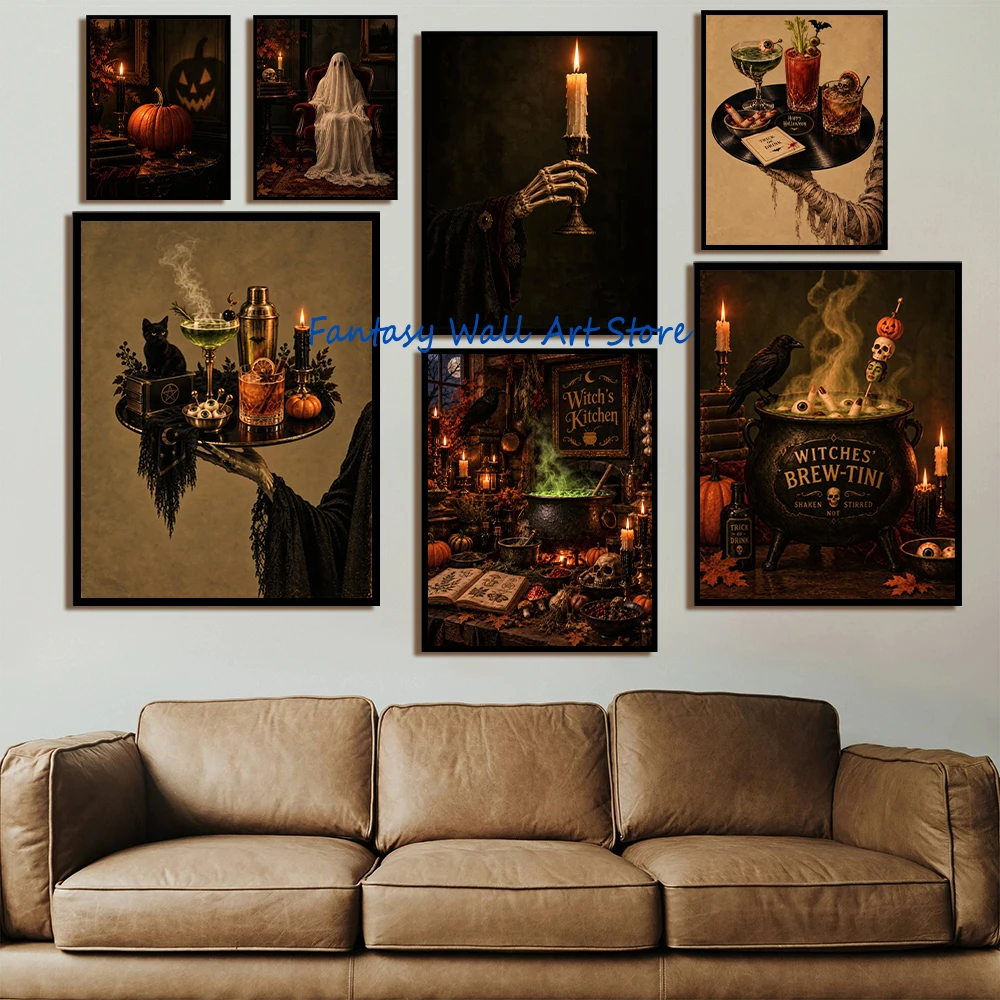 Witch Cauldron Halloween Wall Art Spooky Potion Poster Witch Cocktail Gothic Halloween Canvas Prints Wall Decor Home Bar Decor