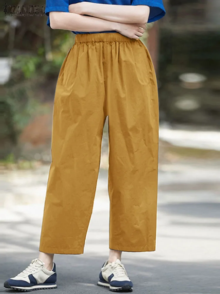 

ZANZEA Casual Loose Wide Leg Trousers 2024 Summer Vintage Women Elastic Waist Pocket Pants Holiday Simple Harem Pants Pantalon