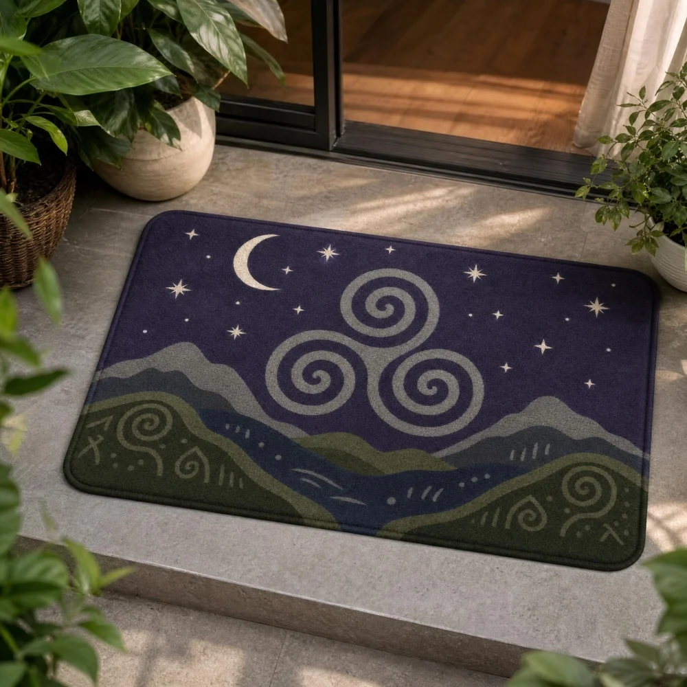 Night Sky Mountain Flannel Door Mat, Vintage Spiral Symbol Printed Indoor Doormat, Washable Non Slip Small Area Rug, Multi Sizes