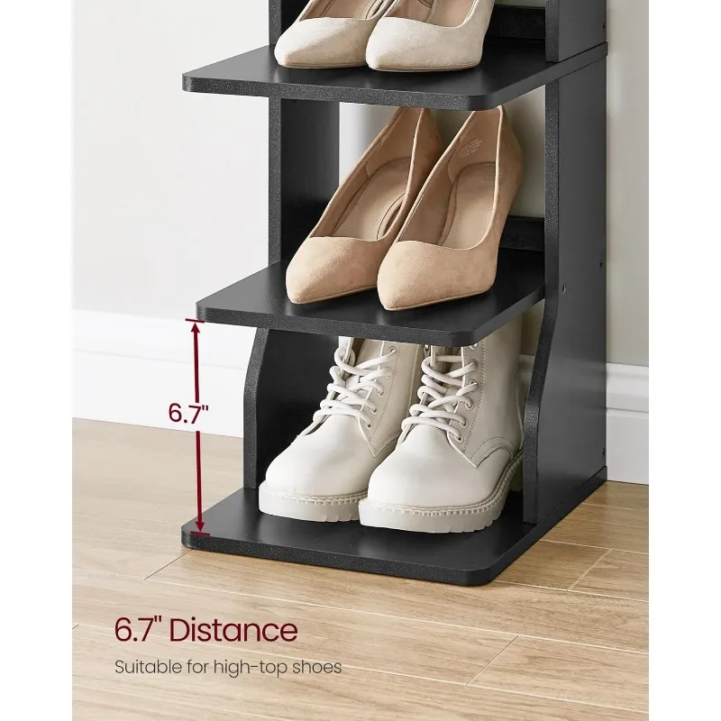 7 Tier Vertical Shoe Rack, Narrow Shoe Storage Organizer with Hooks, Slim Wooden, Robust and Durable