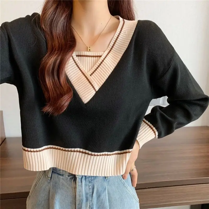 Women Autumn Korean Fashion Patchwork Loose V-neck Long Sleeve Knitwear Ladies Fashionable All-match Appear Thin Knitting Tops