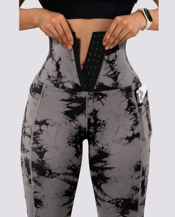 

Leisure Women's Summer Sports Pants with Hip Lifting and High Waist Buckle Yoga Pants Abstract Printed Pocket Design Yoga Pants