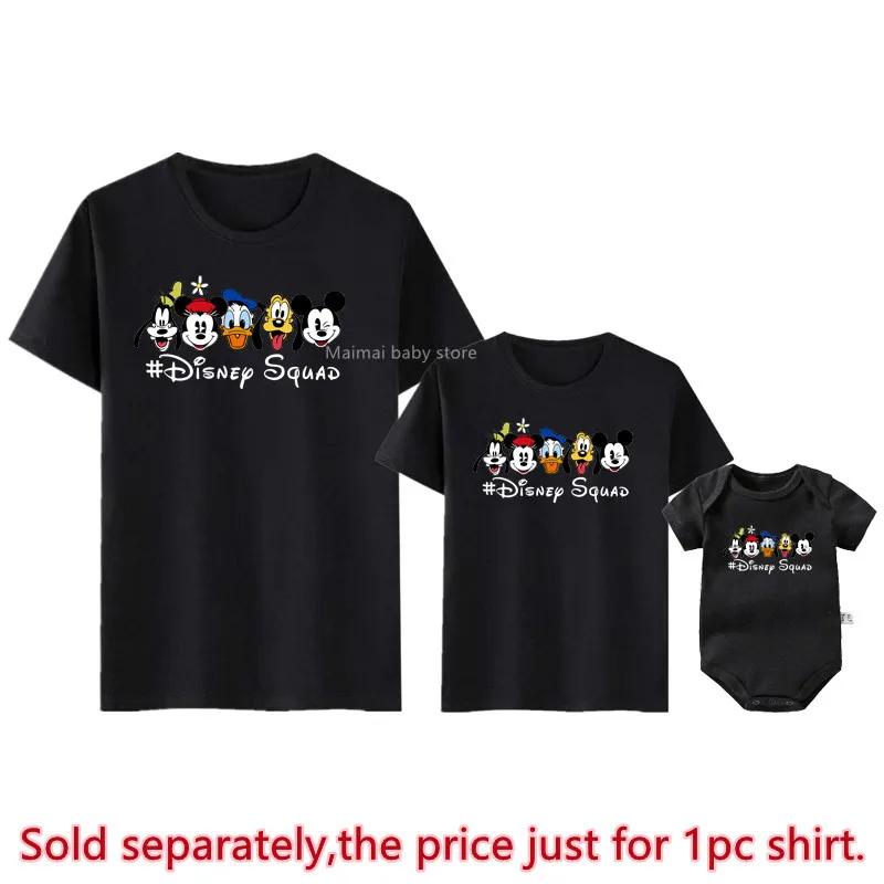 New 2025 Disney Squad Print Family Matching Shirts Cotton Dad Mom Kids Tshirt Baby Rompers Mickey Ears Family Look Outfits Gifts