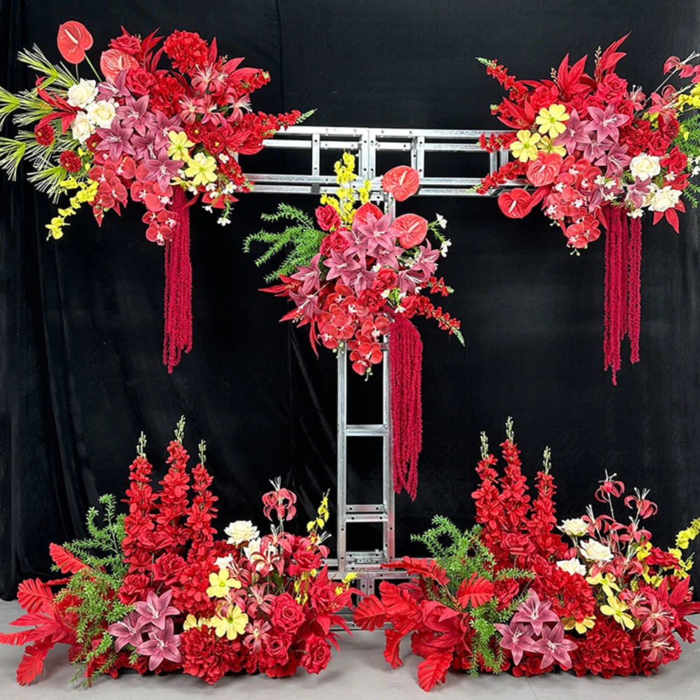 

Красный ряд цветов в китайском стиле для пола - ряд свадебных цветов, дорога, свинцовый ряд пола, цветочный фон, украшение, декор для вечеринки