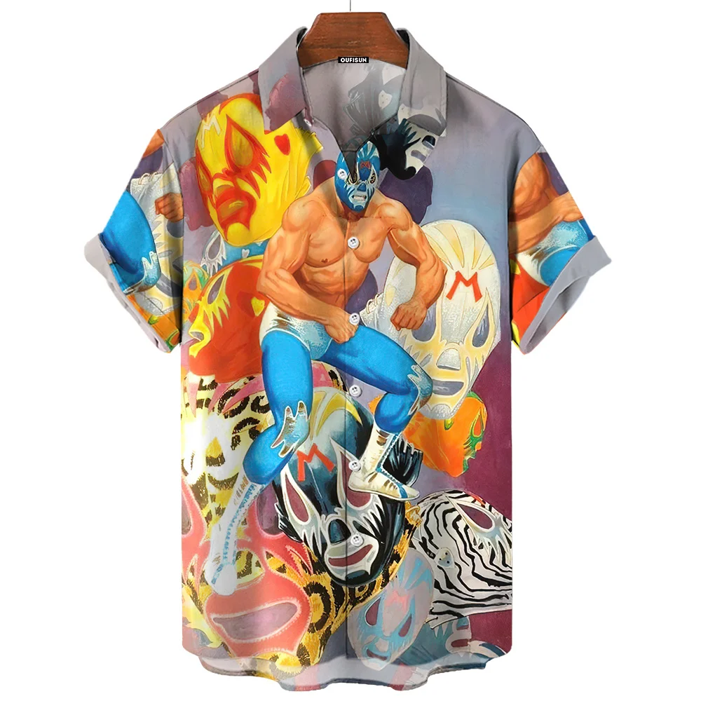 Vintage Men\'s Shirt 3d Mexican Wrestling Printed High-Quality Men\'s Clothing Loose Oversized Shirt Fashion Casual Short Sleeves